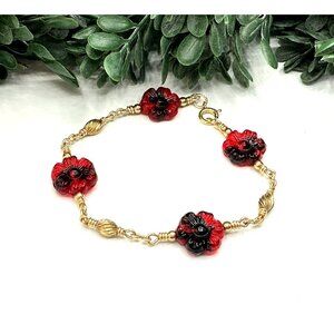 Red and Black Flower Glass Beaded Bracelet With Gold-Toned 14KTGF Metal